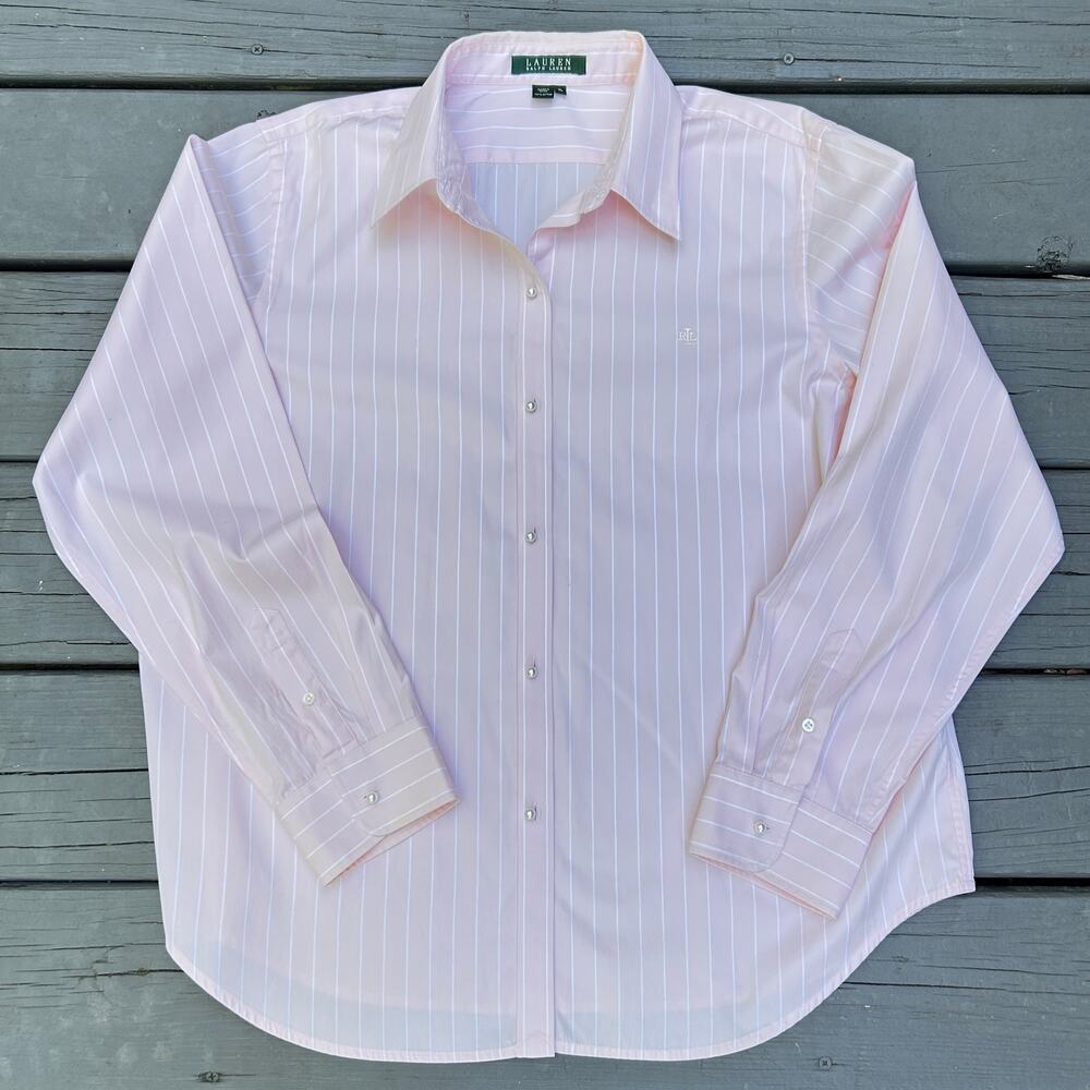 Lauren Ralph Lauren Pink White Stripe Non-Iron Cotton Button Down Pearl Shirt XL